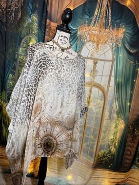 Lightweight Silk Animal-Print Poncho Resort Top in White, Gold, Brown Medium